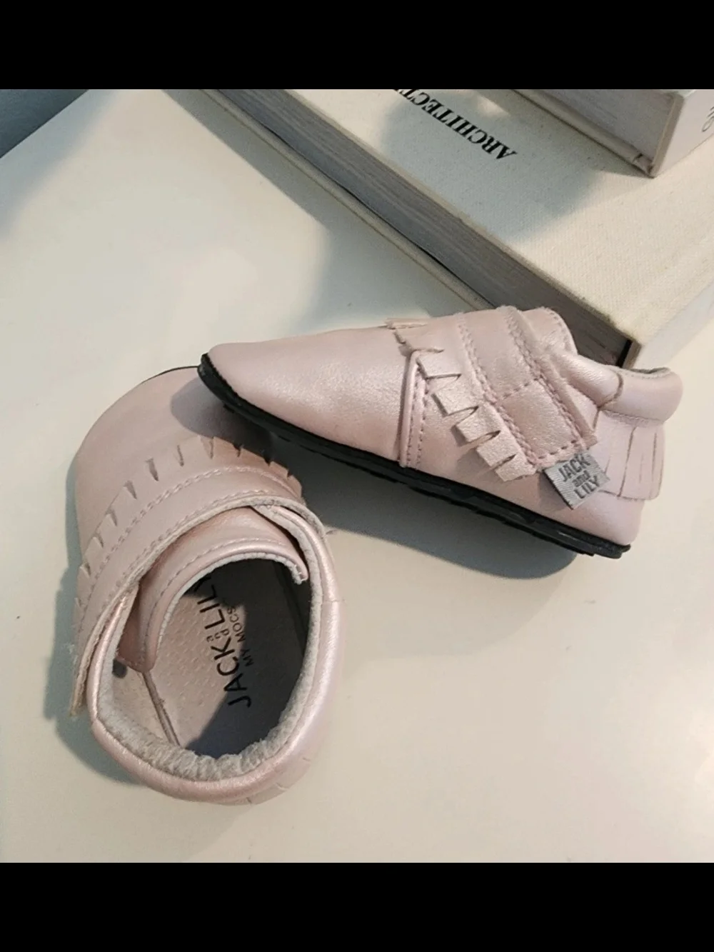 Toddler Pink Fringe Moccasins with Hook-and-Loop Strap